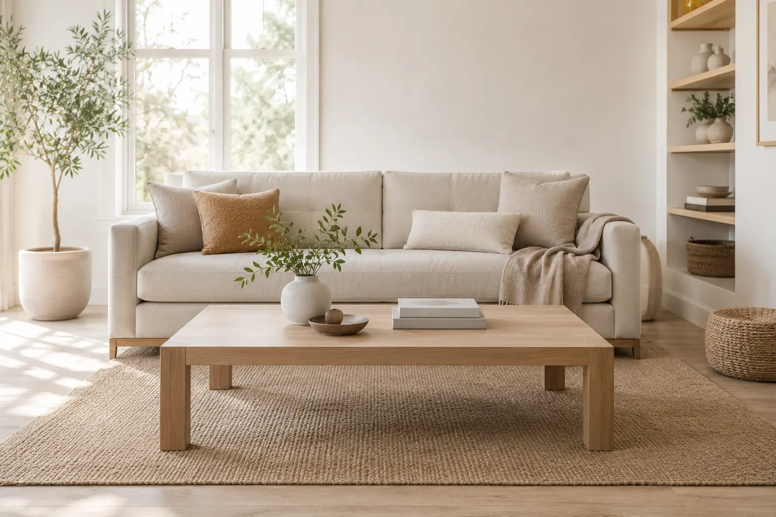 Scandinavian living room showing a correctly proportioned coffee table in front of a sofa