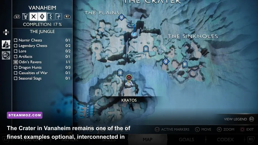 Vibrant jungle and river canyon in the Crater region of Vanaheim in God of War Ragnarok