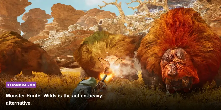Monster Hunter Wilds hunter fighting a Doshaguma in the desert