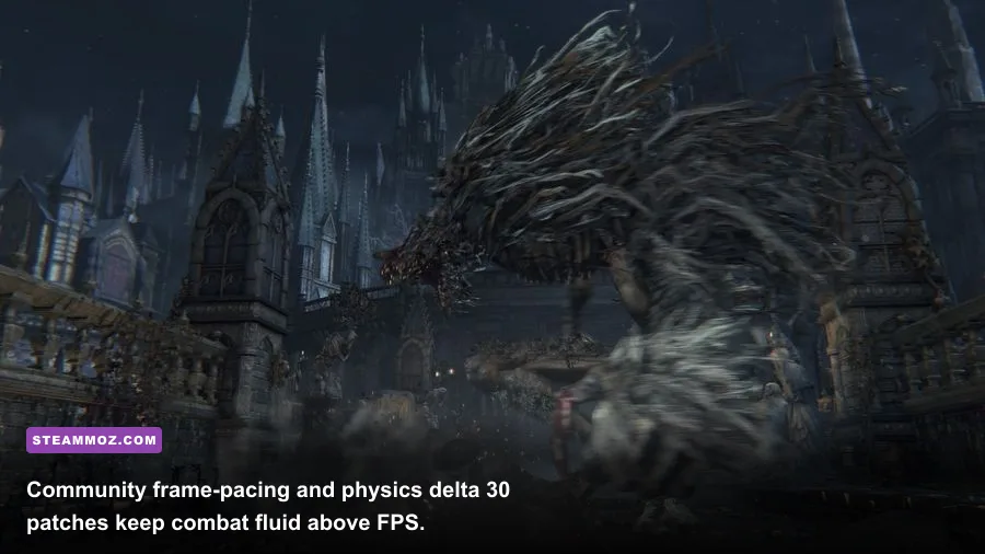 Bloodborne Hunter dodging Cleric Beast with smooth 60 FPS frame-pacing