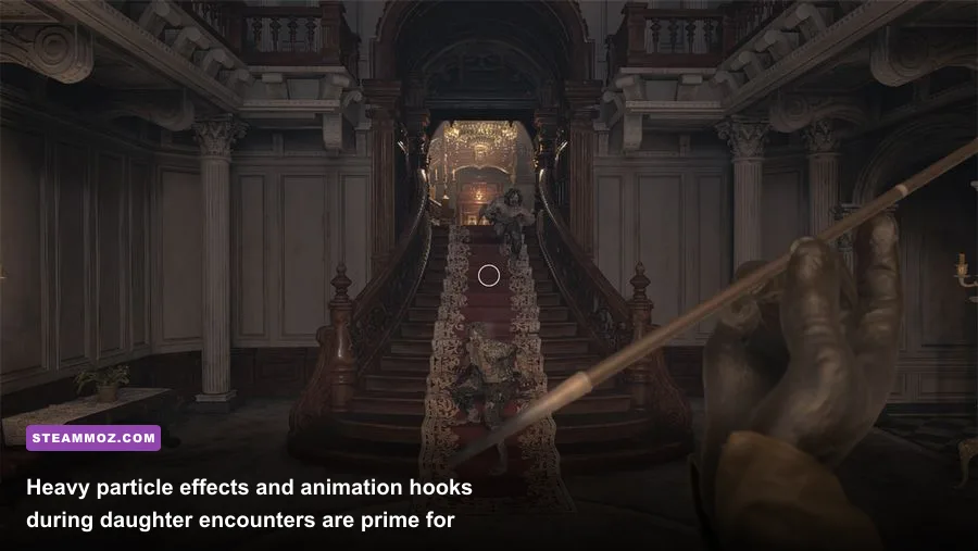 Combat encounter with Dimitrescu's daughter surrounded by insect swarms in Resident Evil Village