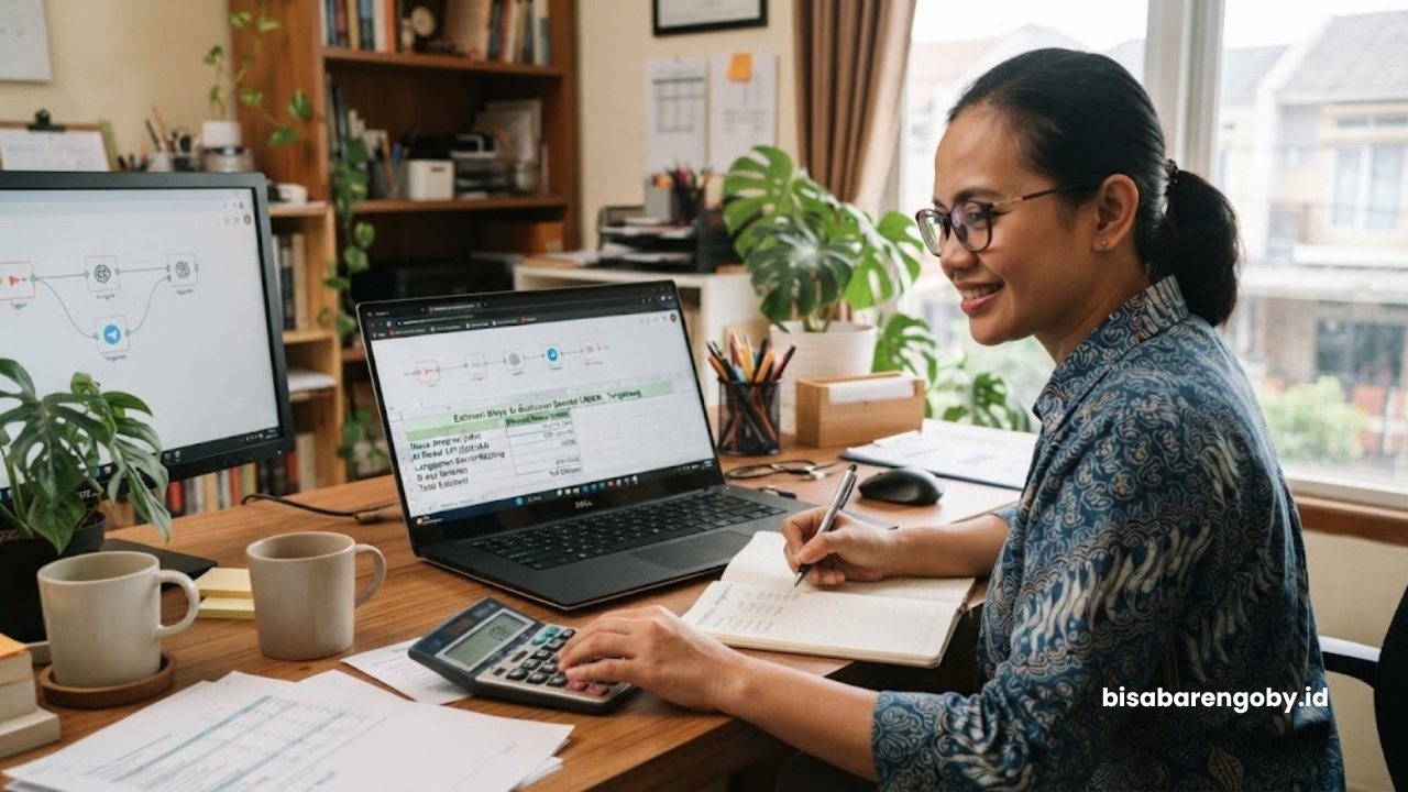 Pemilik bisnis menghitung estimasi biaya beli AI Customer Service untuk UMKM di Tangerang berbasis n8n