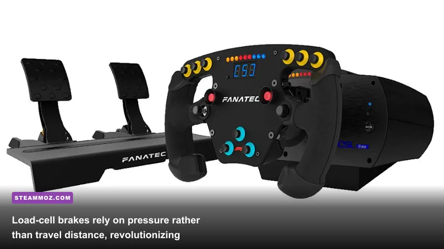 Close-up of PC sim racing load cell pedals showing heavy-duty brake assembly