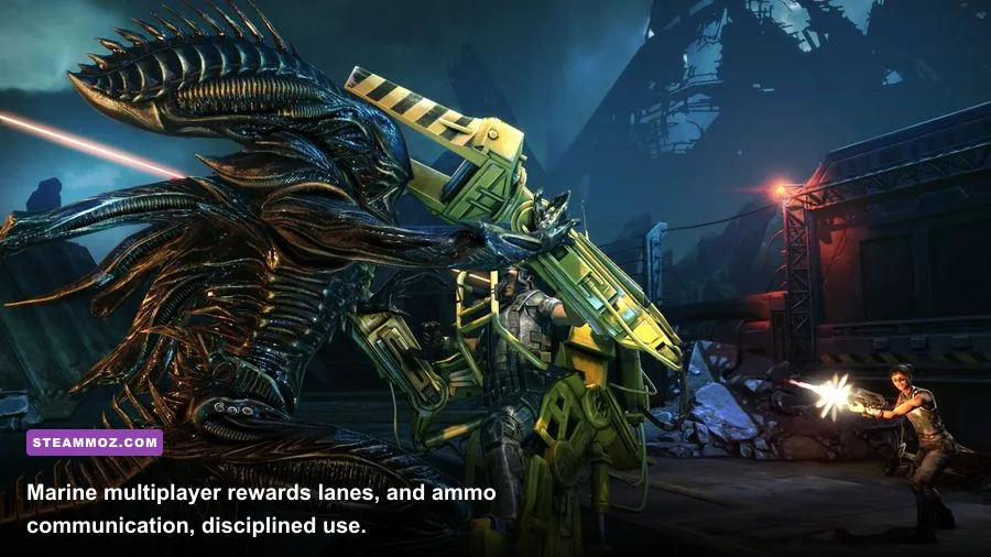 Aliens Colonial Marines multiplayer Marine team facing a Xenomorph
