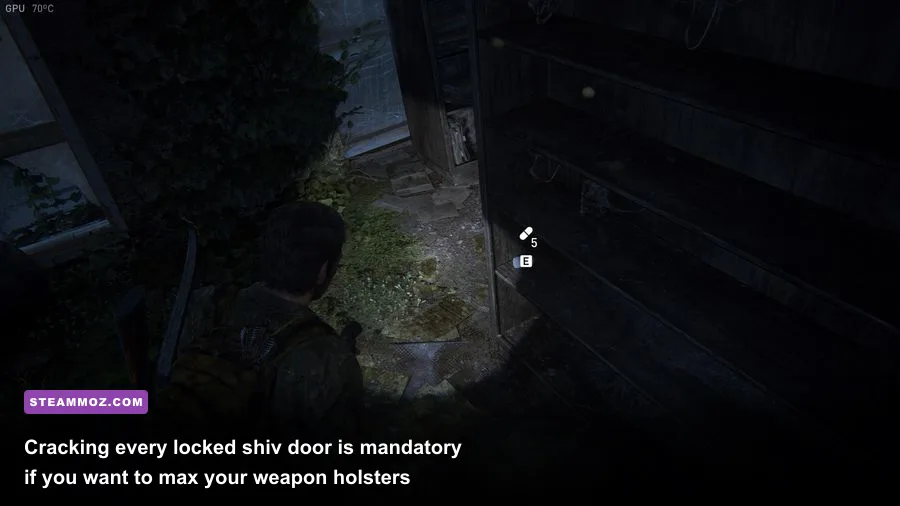 Shiv door unlocked revealing tool upgrade bench and supplement pills