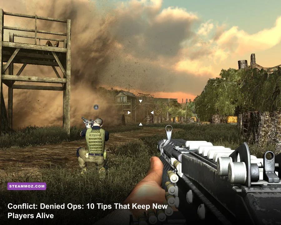 Conflict Denied Ops gameplay showing Graves and Lang fighting through a jungle combat zone