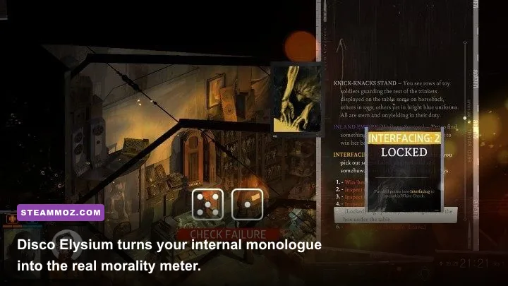 Disco Elysium's iconic skill check dialogue system on full display