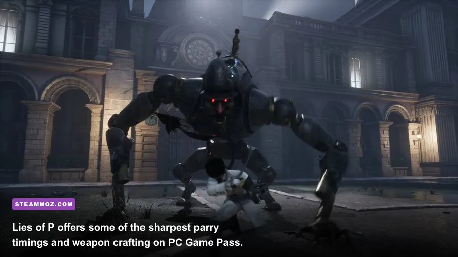 Pinocchio fighting the Scrapped Watchman boss in Lies of P