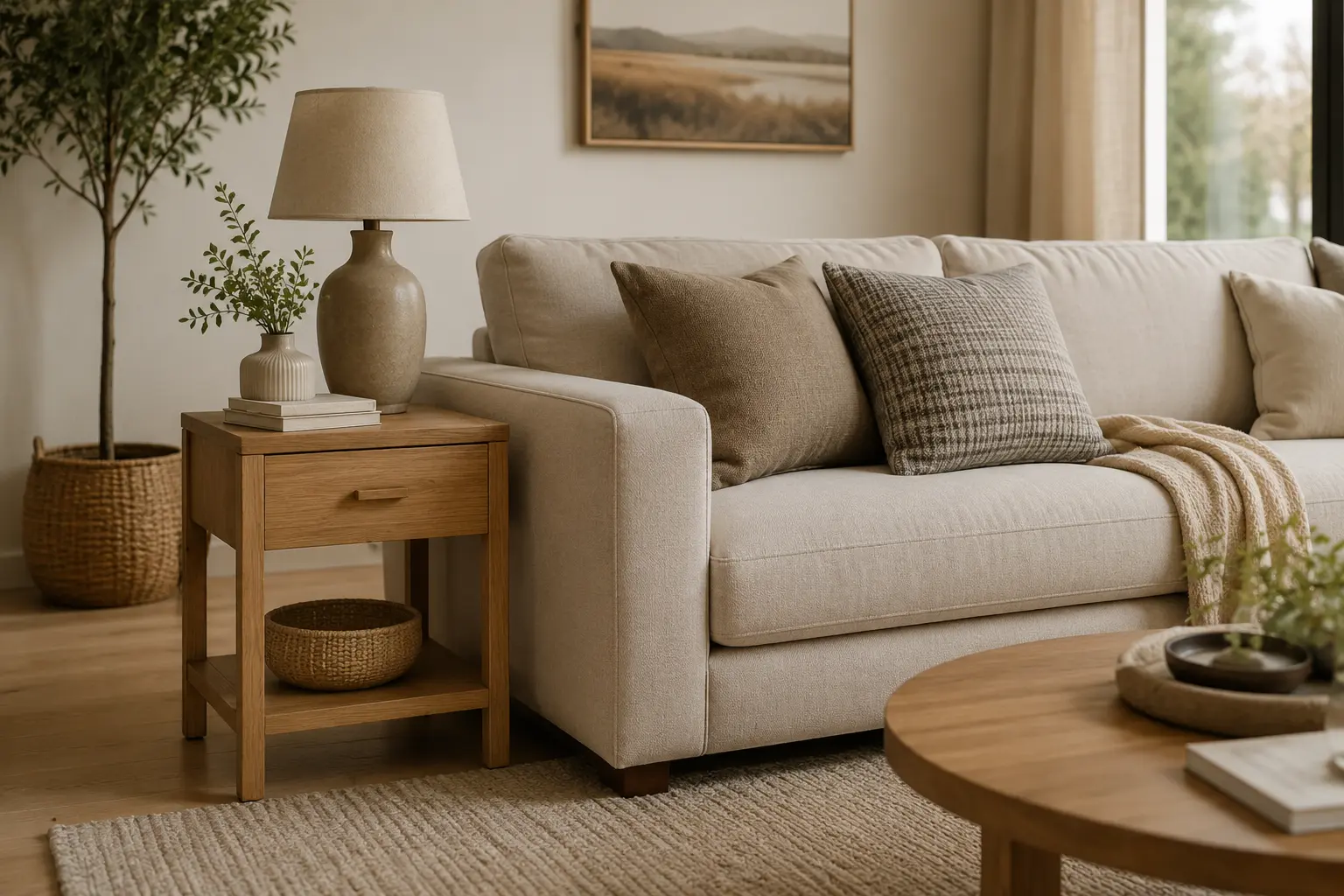 Neutral-toned living room with a sofa and correctly proportioned end table