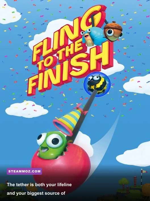 Fling to the Finish teammates connected by a tether while navigating hazards