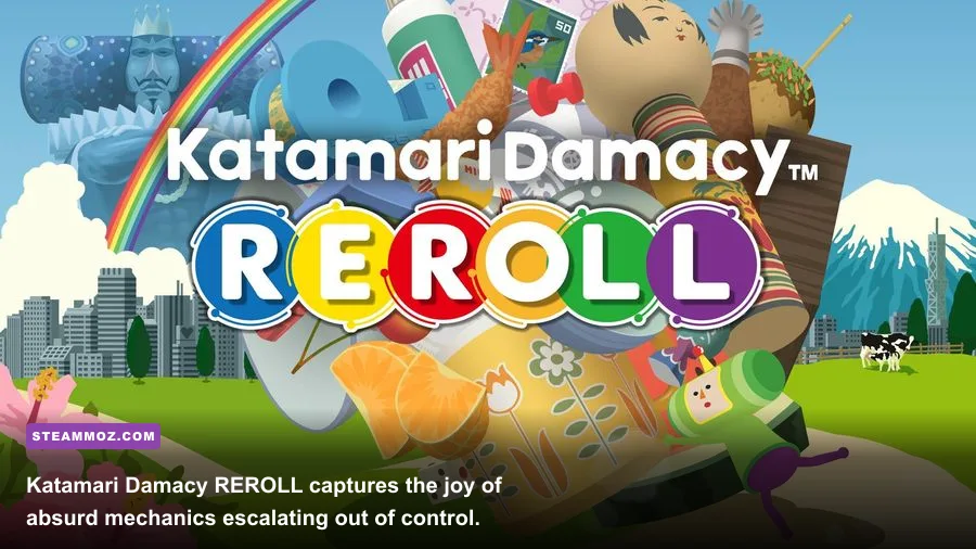 Katamari Damacy REROLL gameplay showing a katamari collecting objects in a city