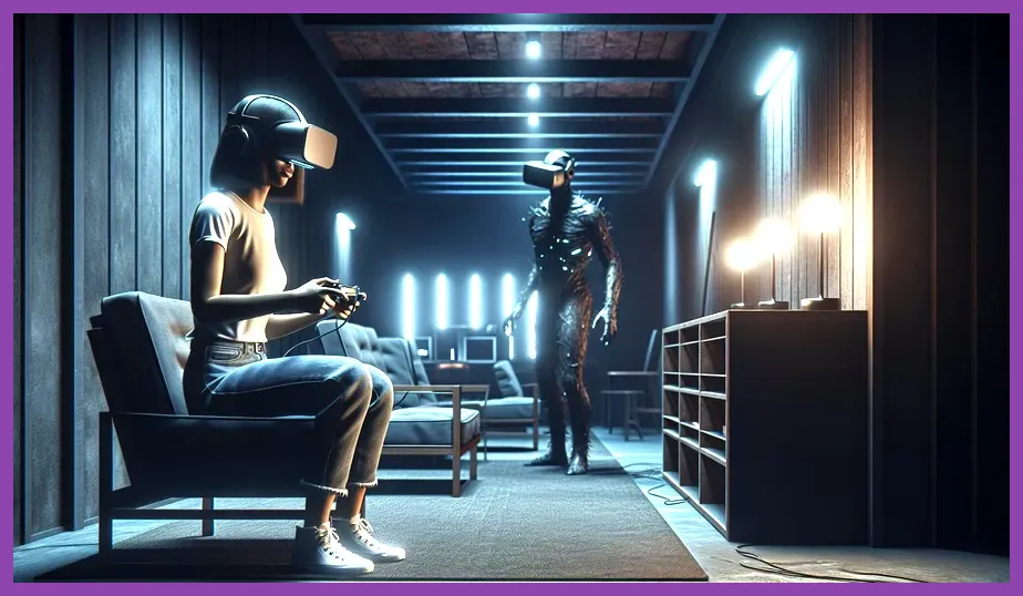 Gamer playing a virtual reality horror game with headset