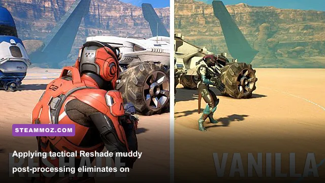 Reshade visual post-processing comparison showing sharpened textures and vibrant colors