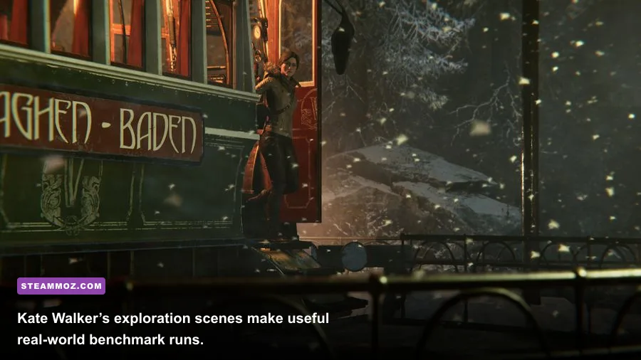 Kate Walker exploring a detailed train station in Syberia The World Before