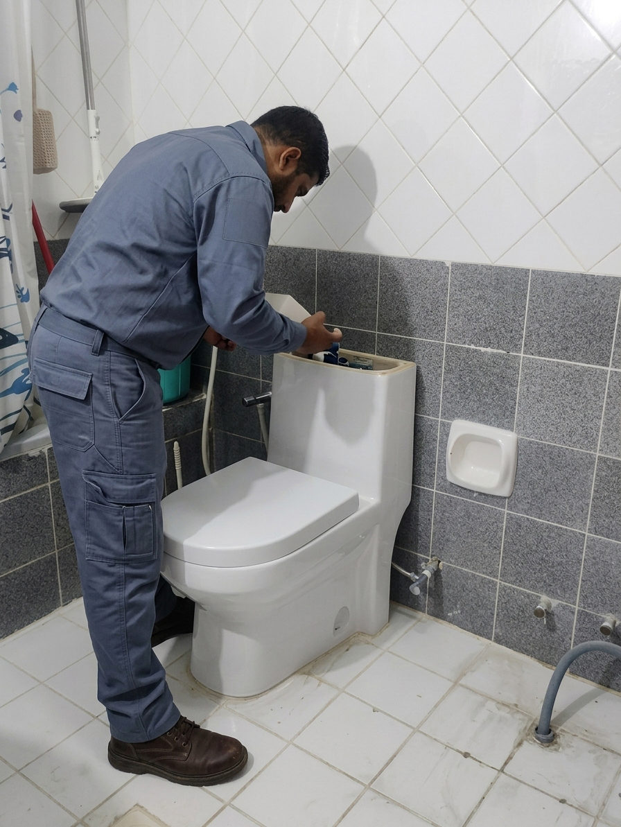 Technician installing a toilet in a Doha bathroom