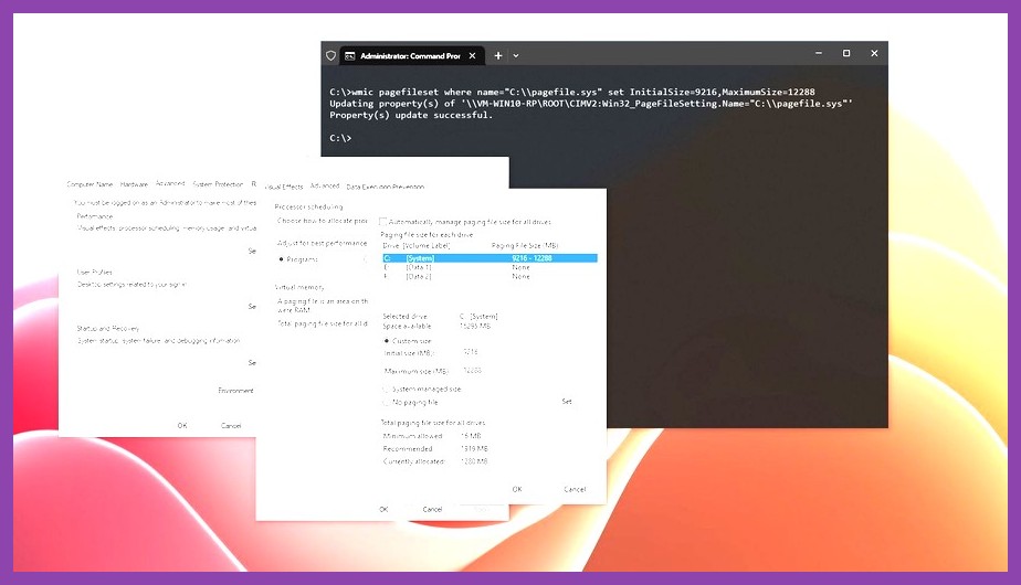Windows Virtual Memory advanced settings window