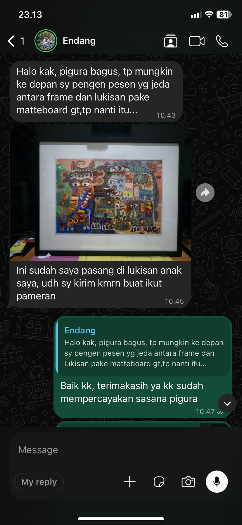 Screenshot testimoni WhatsApp customer Sasana Pigura 14