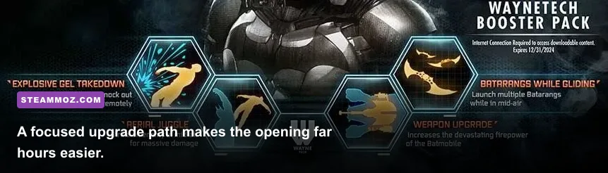 WayneTech upgrade menu showing combat and gadget abilities in Batman Arkham Knight