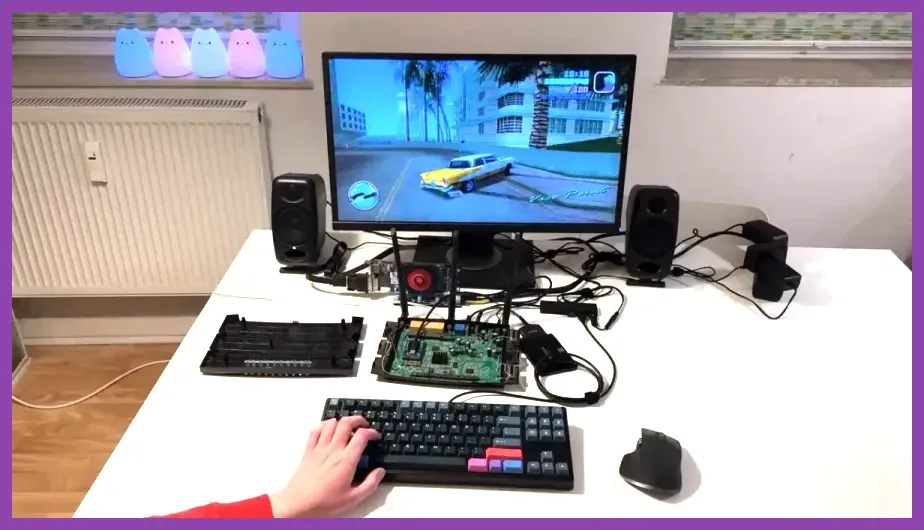 GTA 6 Online-style Vice City session with network troubleshooting equipment