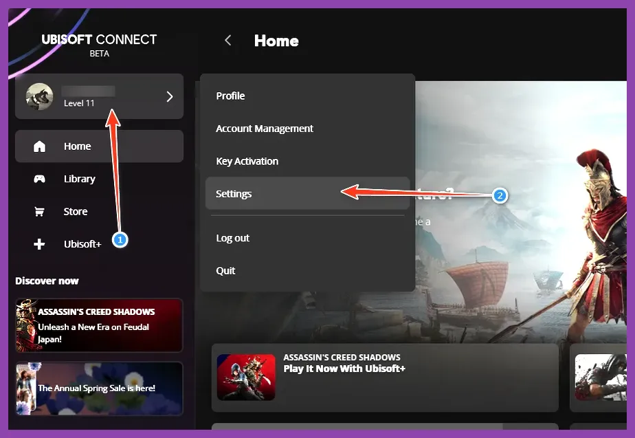 Ubisoft Connect launcher settings menu showing overlay toggle
