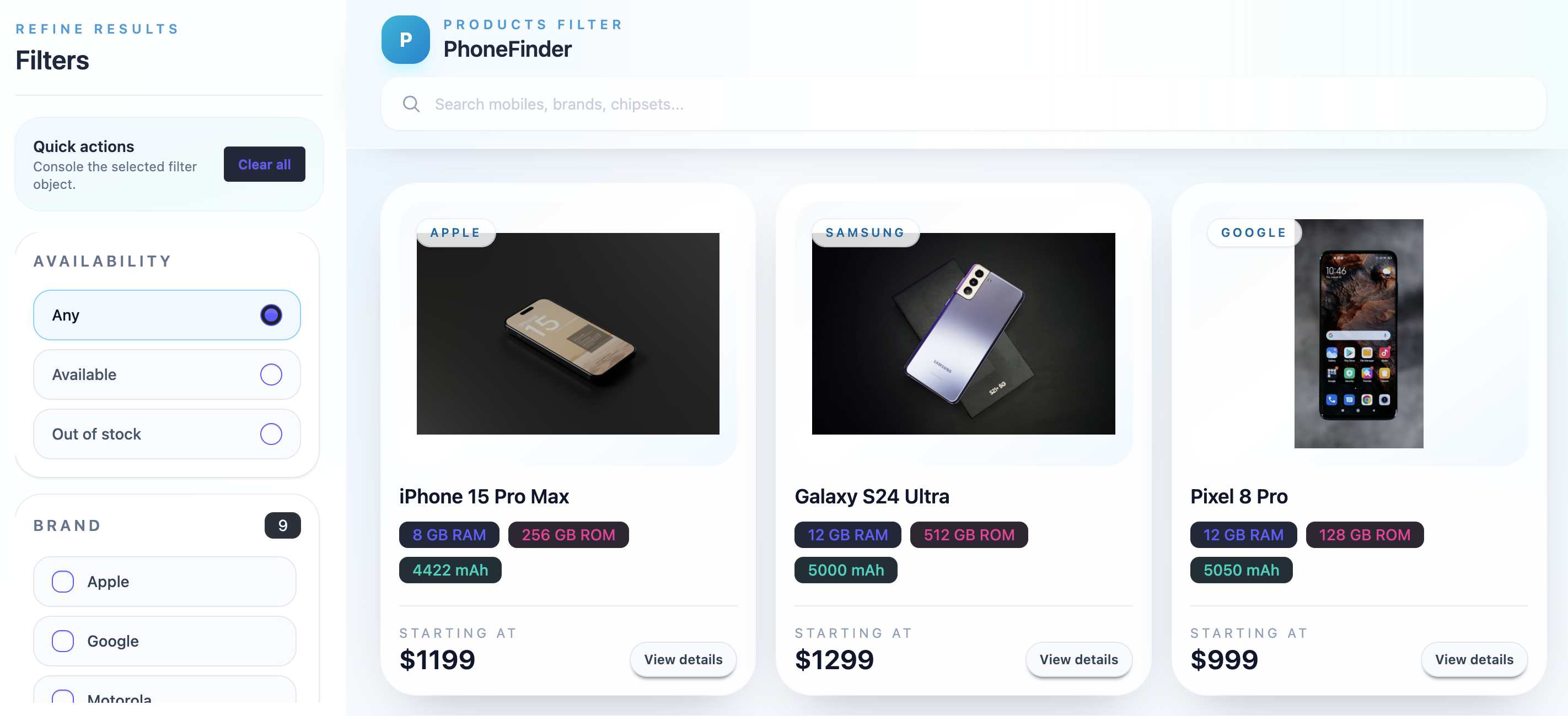Products Filter preview