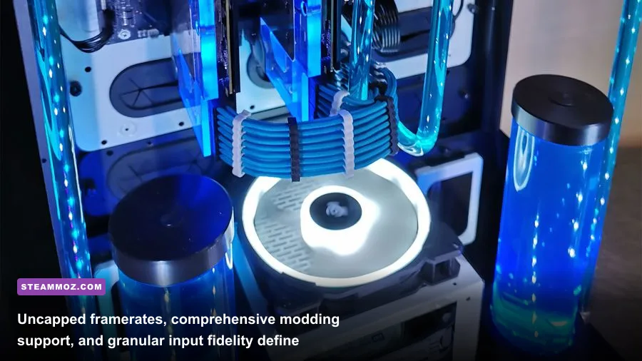 Enthusiast custom water-cooled gaming rig demonstrating ultra-wide visuals and community modding support