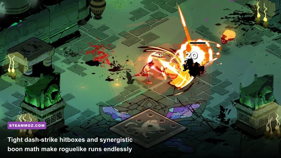 Zagreus dashing through Tartarus with glowing boon particle effects in Hades