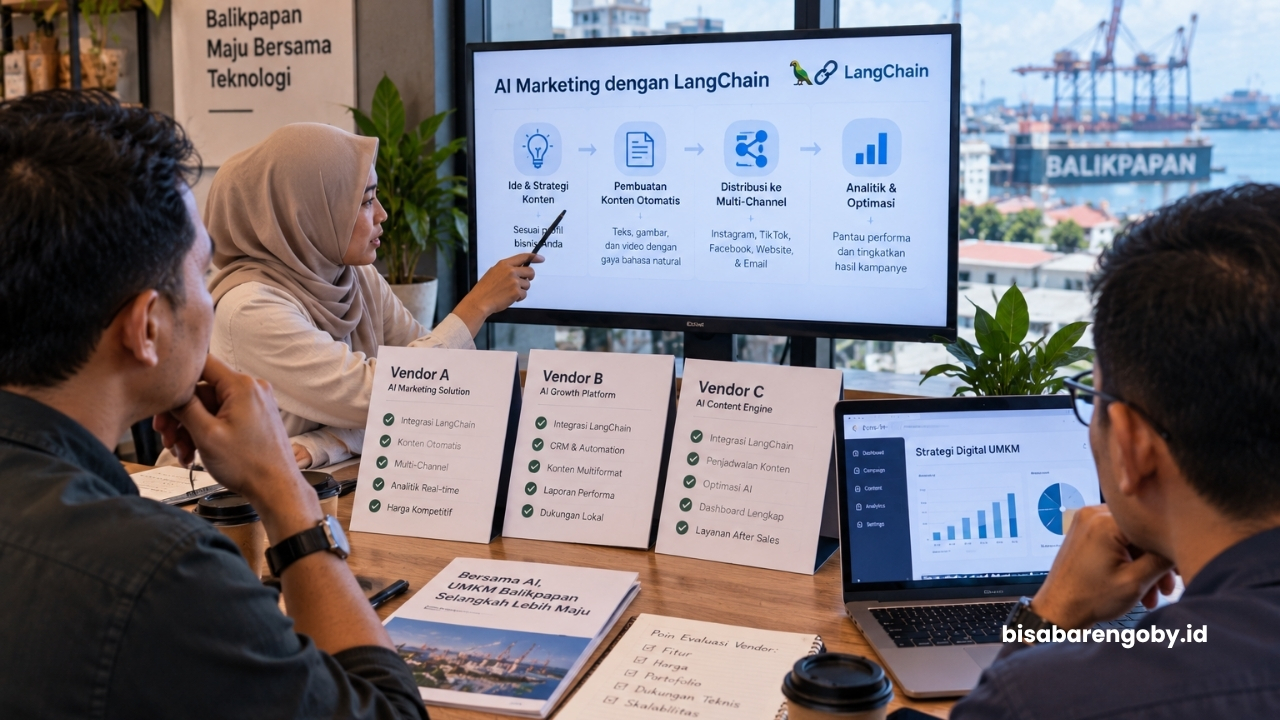 Pemilik bisnis mengevaluasi pilihan vendor AI Marketing untuk UMKM di Balikpapan berbasis LangChain