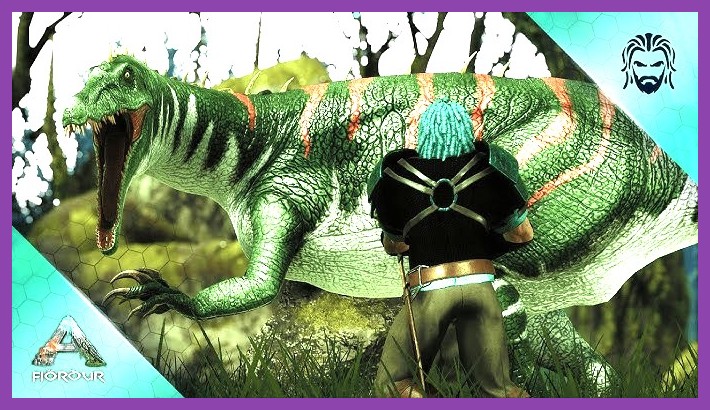 A survivor riding a Baryonyx inside Central Cave fighting bats
