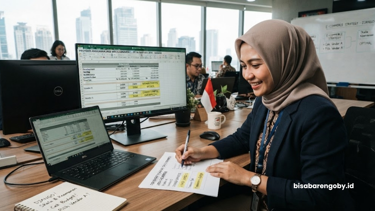 Manajer pengadaan memproyeksikan anggaran saat menyeleksi jasa website ecommerce untuk perusahaan di Indonesia berbasis Django
