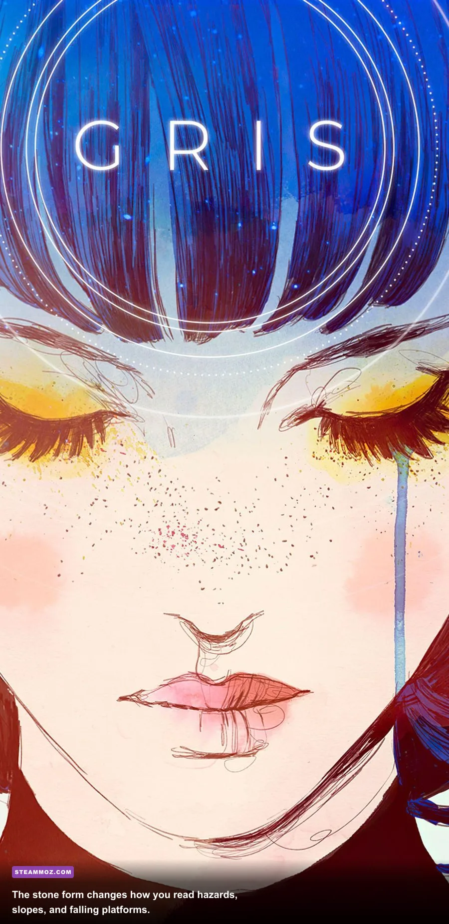 GRIS protagonist using the stone form ability in a red landscape
