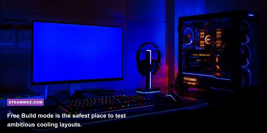 PC Building Simulator 2 Free Build mode showing a water-cooled gaming computer