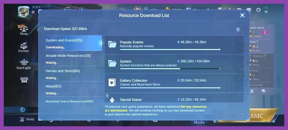 Mobile Legends resource management menu showing game file download progress
