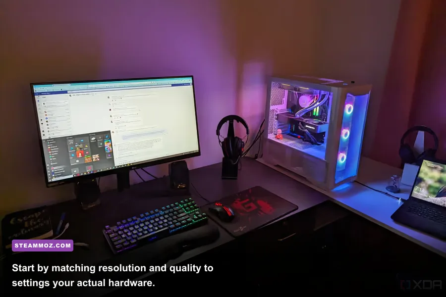 PC Building Simulator 2 graphics settings menu showing resolution and quality options