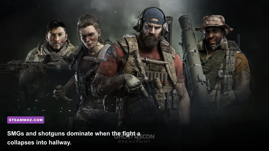 Ghost Recon Breakpoint operator fighting enemies inside a facility with an SMG