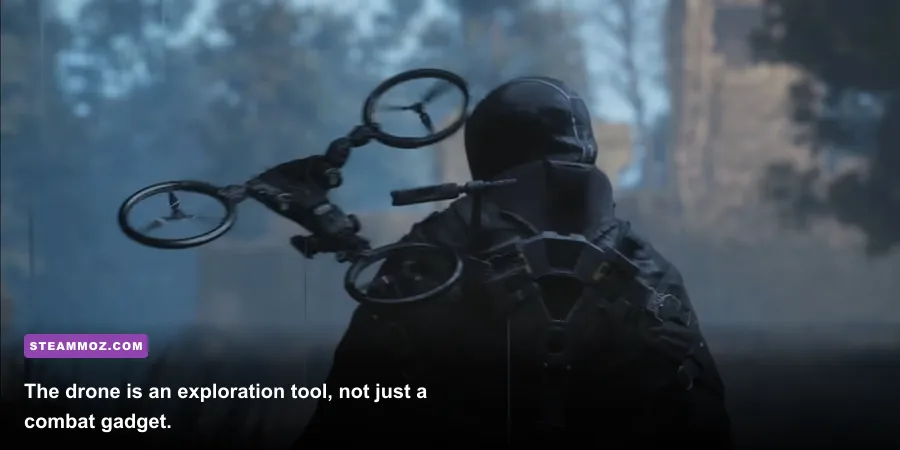 Remi using the drone while exploring abandoned ruins in Hell Is Us