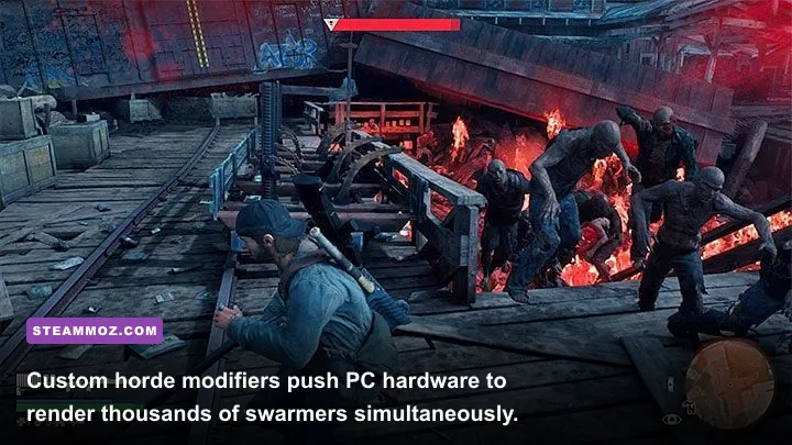 Deacon St. John running from an expanded horde of hundreds of Freakers in Days Gone PC