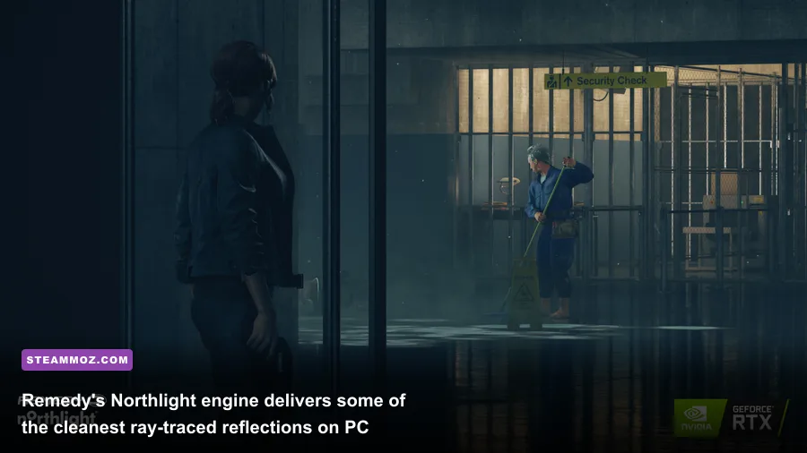 Full ray-traced reflections on polished marble floors inside the Executive Sector of Control