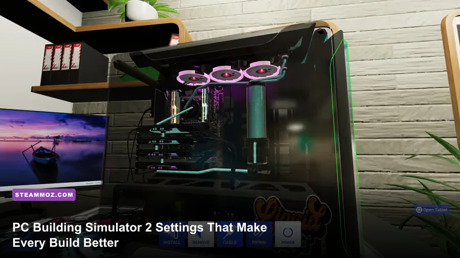 PC Building Simulator 2 workshop with a custom gaming PC on the workbench