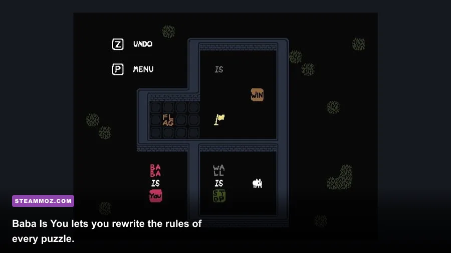 Baba Is You puzzle with Baba Is You and Flag Is Win text blocks