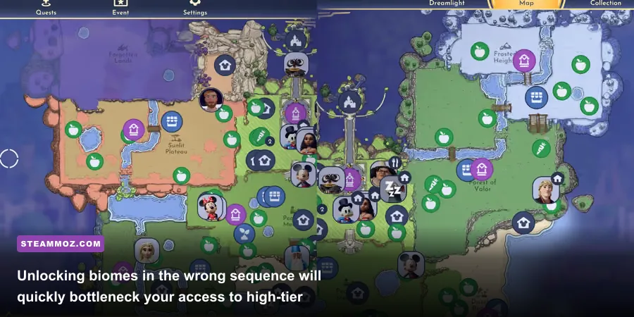 Full map screen of Dreamlight Valley showing locked biomes and Wishing Wells