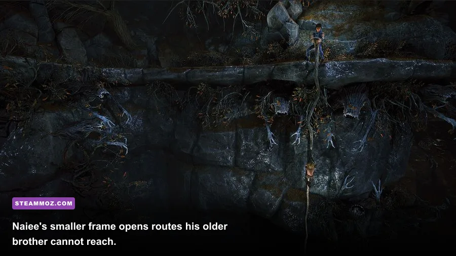 Naiee moving through a narrow passage in Brothers A Tale of Two Sons Remake