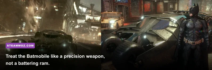 The Batmobile fighting militia drones during a tank battle in Gotham City