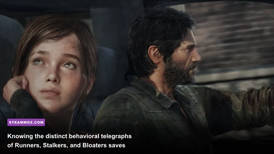 Joel crouched behind a counter while a towering Bloater patrols the area