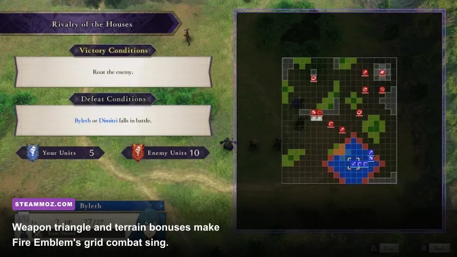 Fire Emblem Three Houses tactical battle map with unit positioning