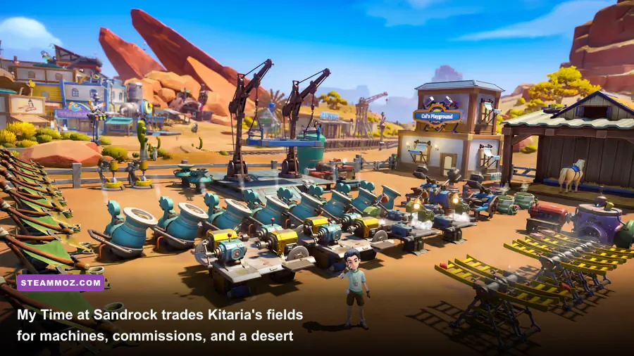 My Time at Sandrock gameplay showing a workshop, machines, and desert combat