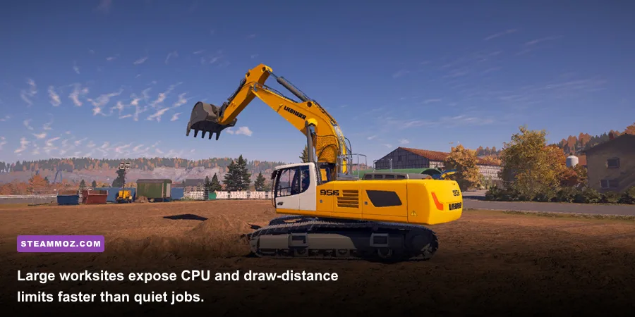 Construction Simulator 2015 excavator operating beside vehicles and buildings at a large worksite