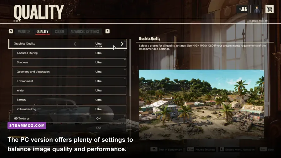 Far Cry 6 PC graphics settings menu with resolution and quality options
