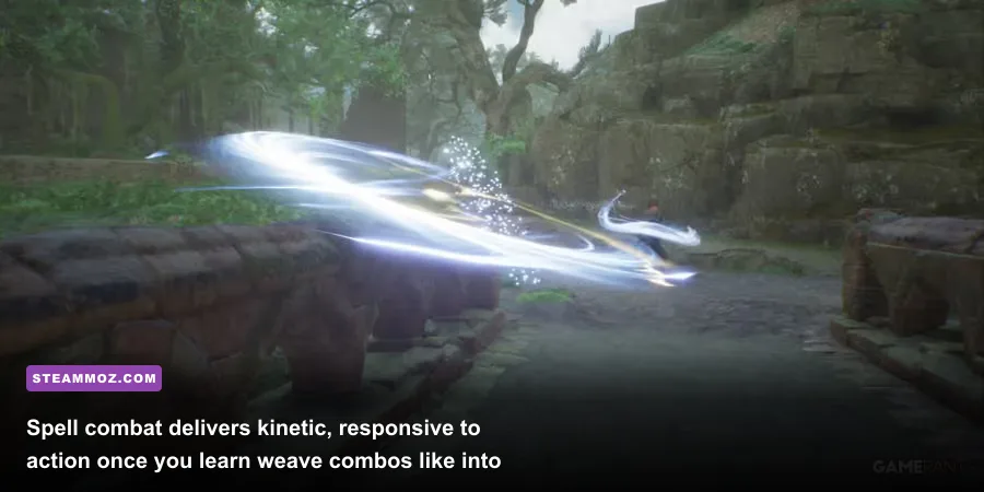 Spellcaster dueling dark wizards with vibrant red and blue magic spell effects in Hogwarts Legacy