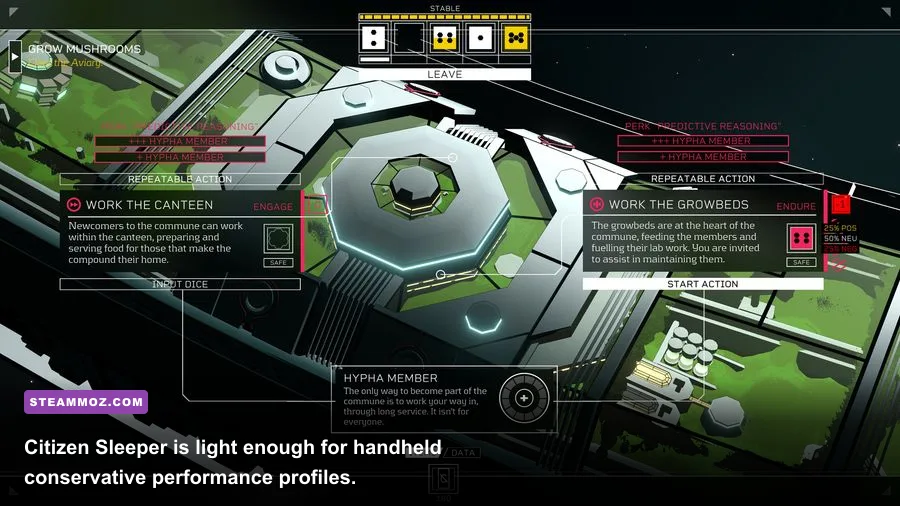 Citizen Sleeper running on Steam Deck with its orbital station interface visible